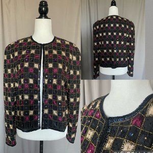 Vintage Silk Allettaré Beaded Embroidered Dinner Jacket - VTG L